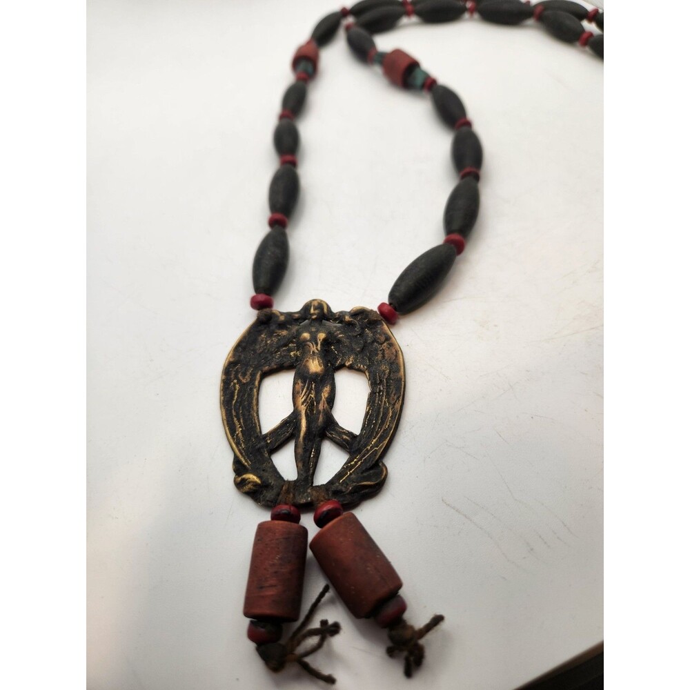 Vintage 1970s Peace Pendant Necklace on Authentic Naga Tribal Beads - 24"